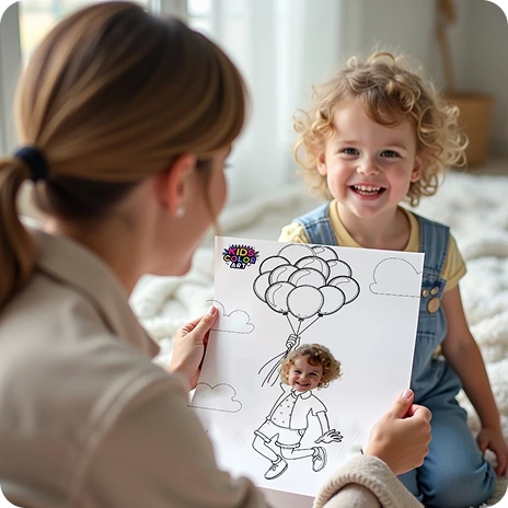 A mother showing her laughing daughter a coloring page of the girl holding a bunch of balloons