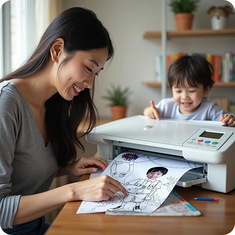 A mother and her son smiling as his personalised coloring page comes out of the printer