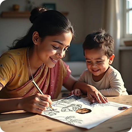 A mother and her young son coloring in a personalised coloring page together at a table