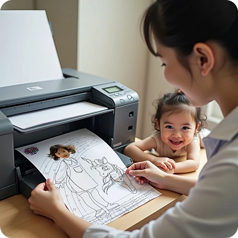 A mother holding a freshly printed coloring page while her delighted daughter looks on