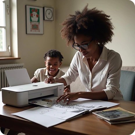 A mother and her son at home printing his personalised coloring page