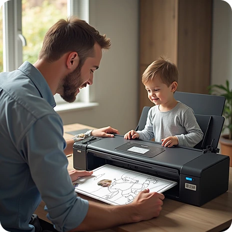 A father and his young son watching a personalised coloring page print out at home